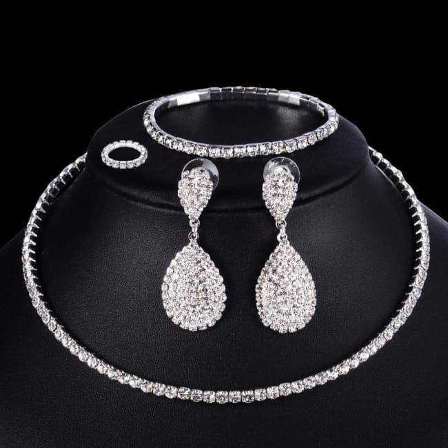 4 PCS Luxury Wedding Bridal Jewelry Sets for Brides Women Necklace Bracelet Ring Earring Set Sterling Silver Necklaces