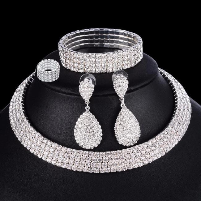 4 Pcs Luxury Wedding Bridal Jewelry Sets with Brides Necklace 1 row Sterling Silver Necklaces