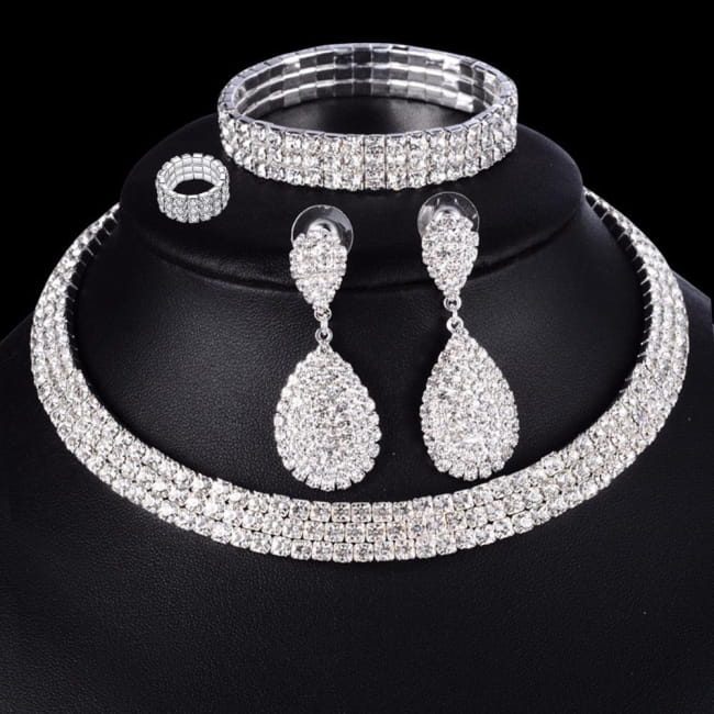 4 Pcs Luxury Wedding Bridal Jewelry Sets with Brides Necklace Sterling Silver Necklaces