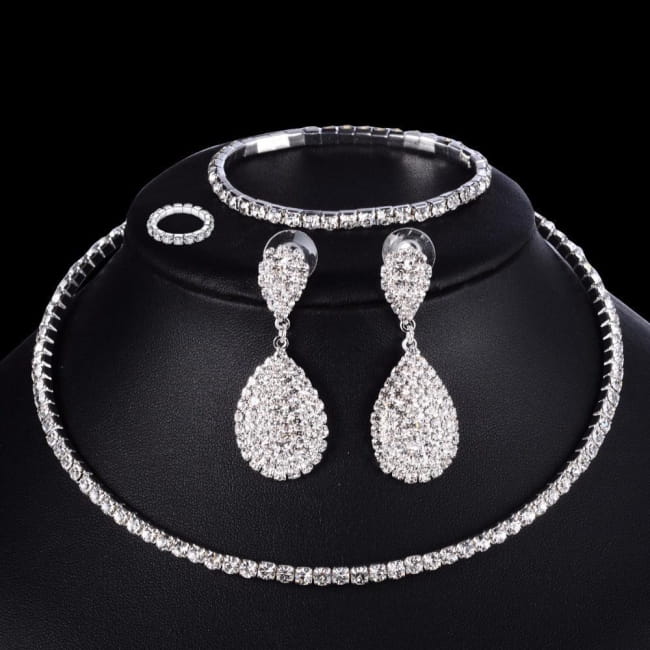 4 Pcs Luxury Wedding Bridal Jewelry Sets with Brides Necklace Sterling Silver Necklaces