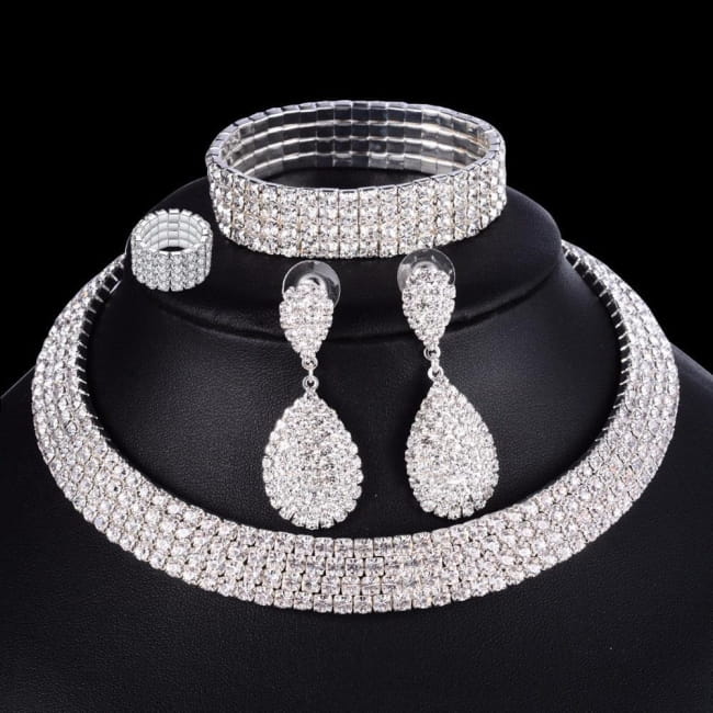 4 Pcs Luxury Wedding Bridal Jewelry Sets with Brides Necklace Sterling Silver Necklaces