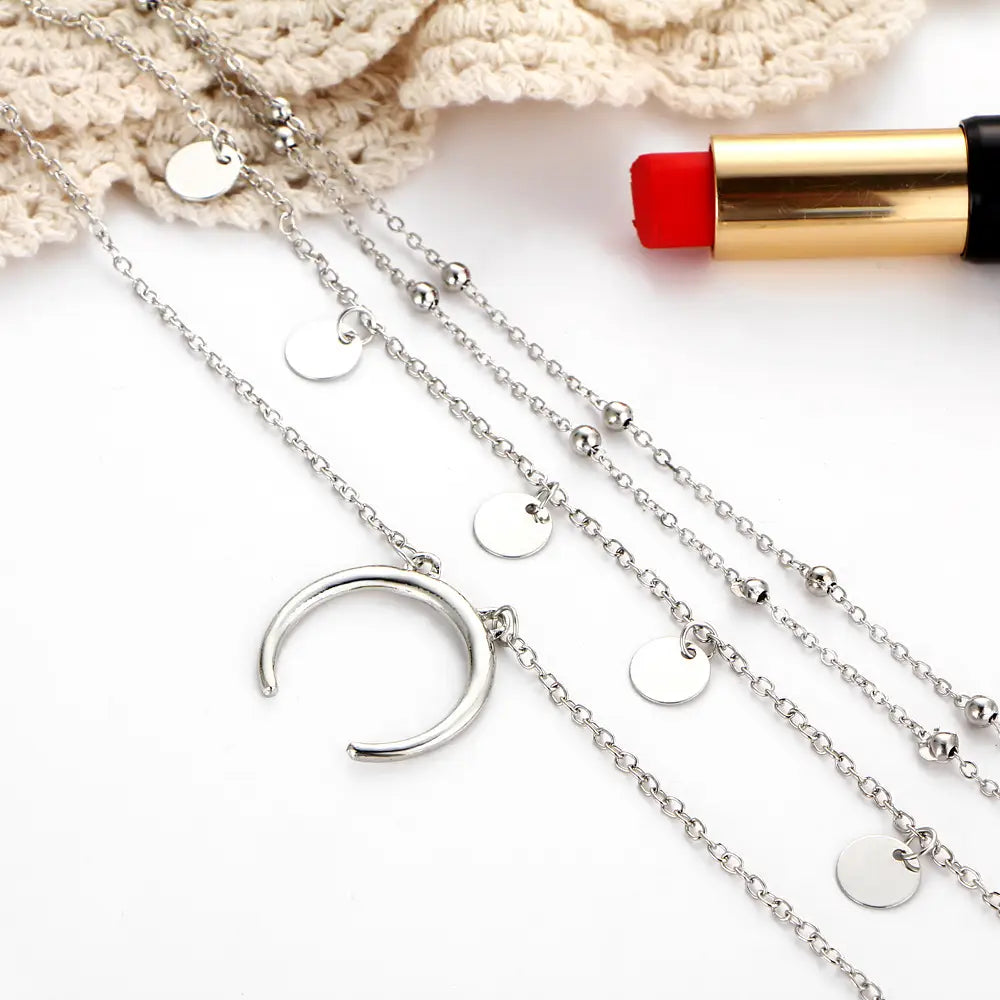 Round Moon Pendant Necklace Exquisite Gold Color Multi-layer Choker
