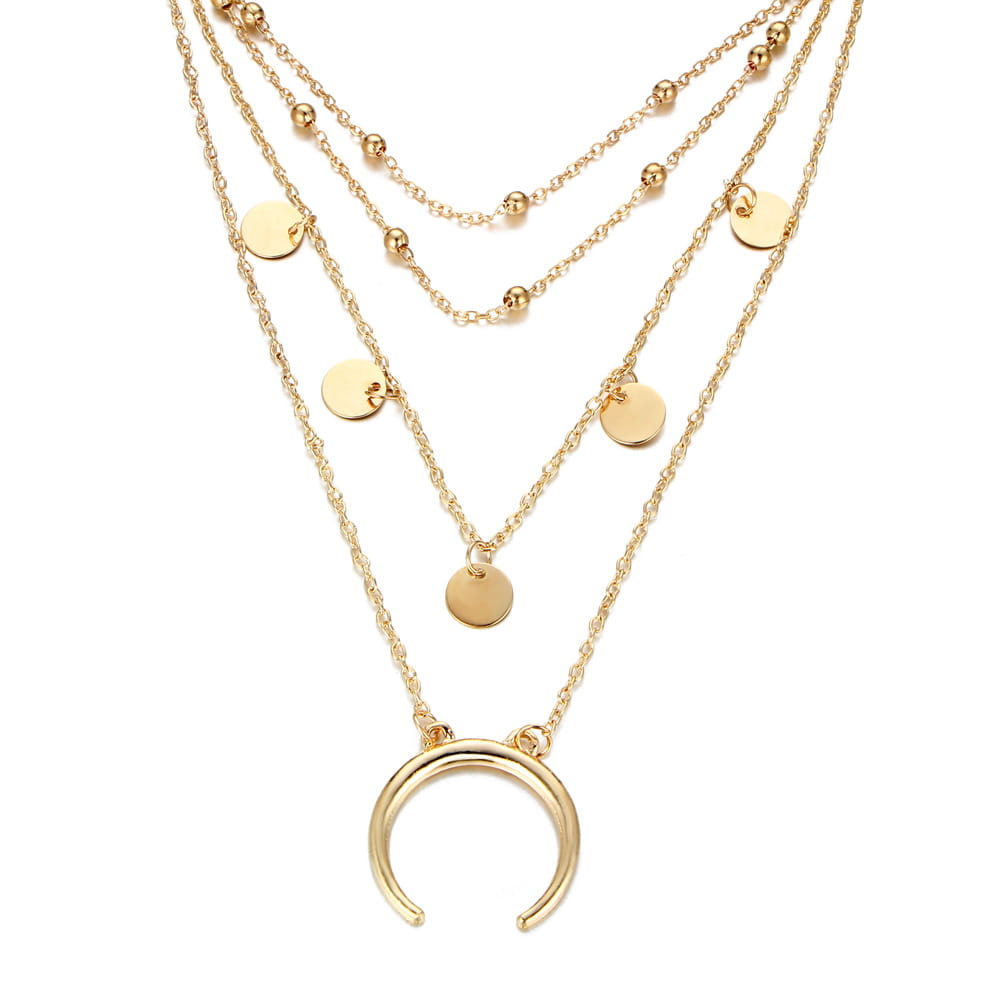 Round Moon Pendant Necklace Exquisite Gold Color Multi-layer Choker