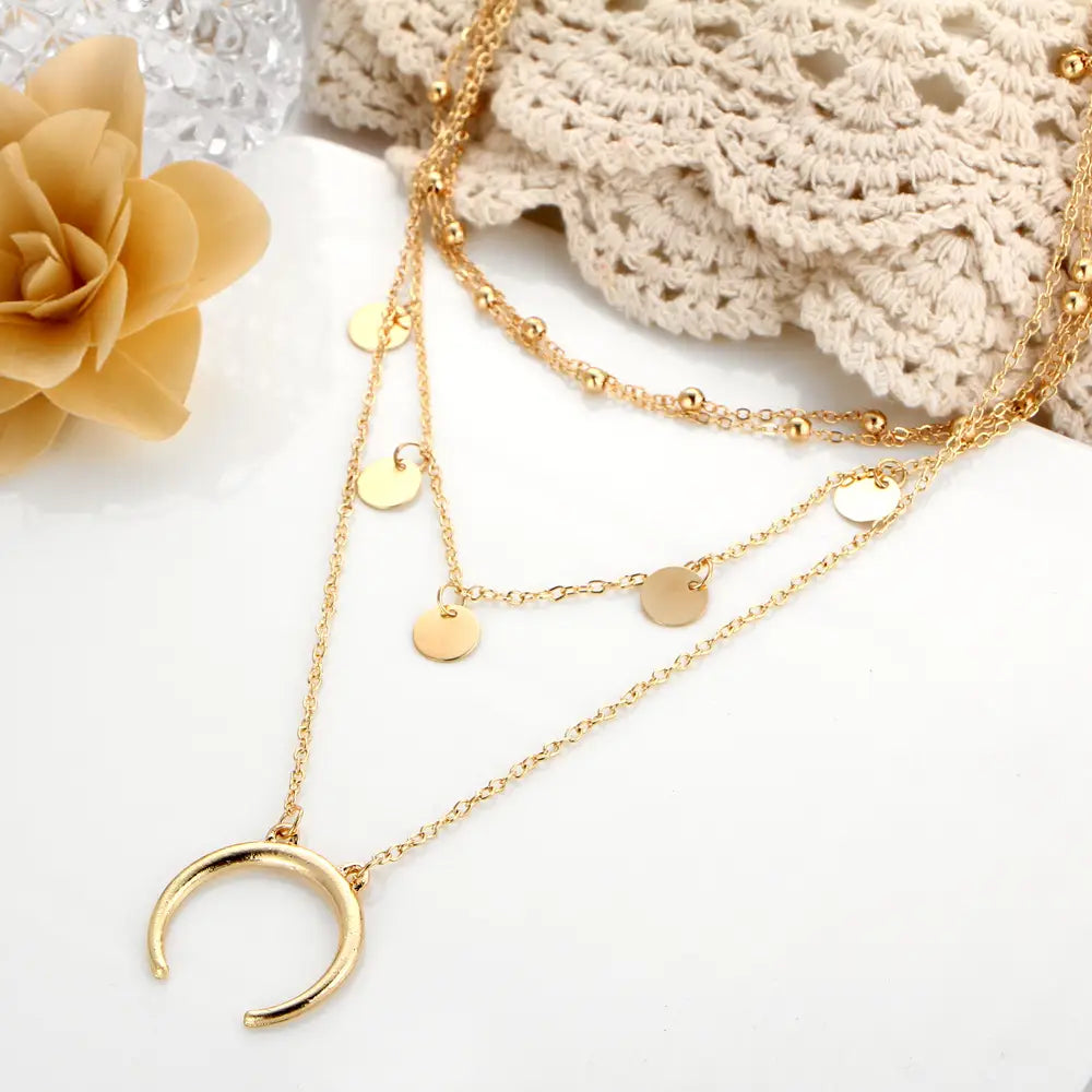 Round Moon Pendant Necklace Exquisite Gold Color Multi-layer Choker