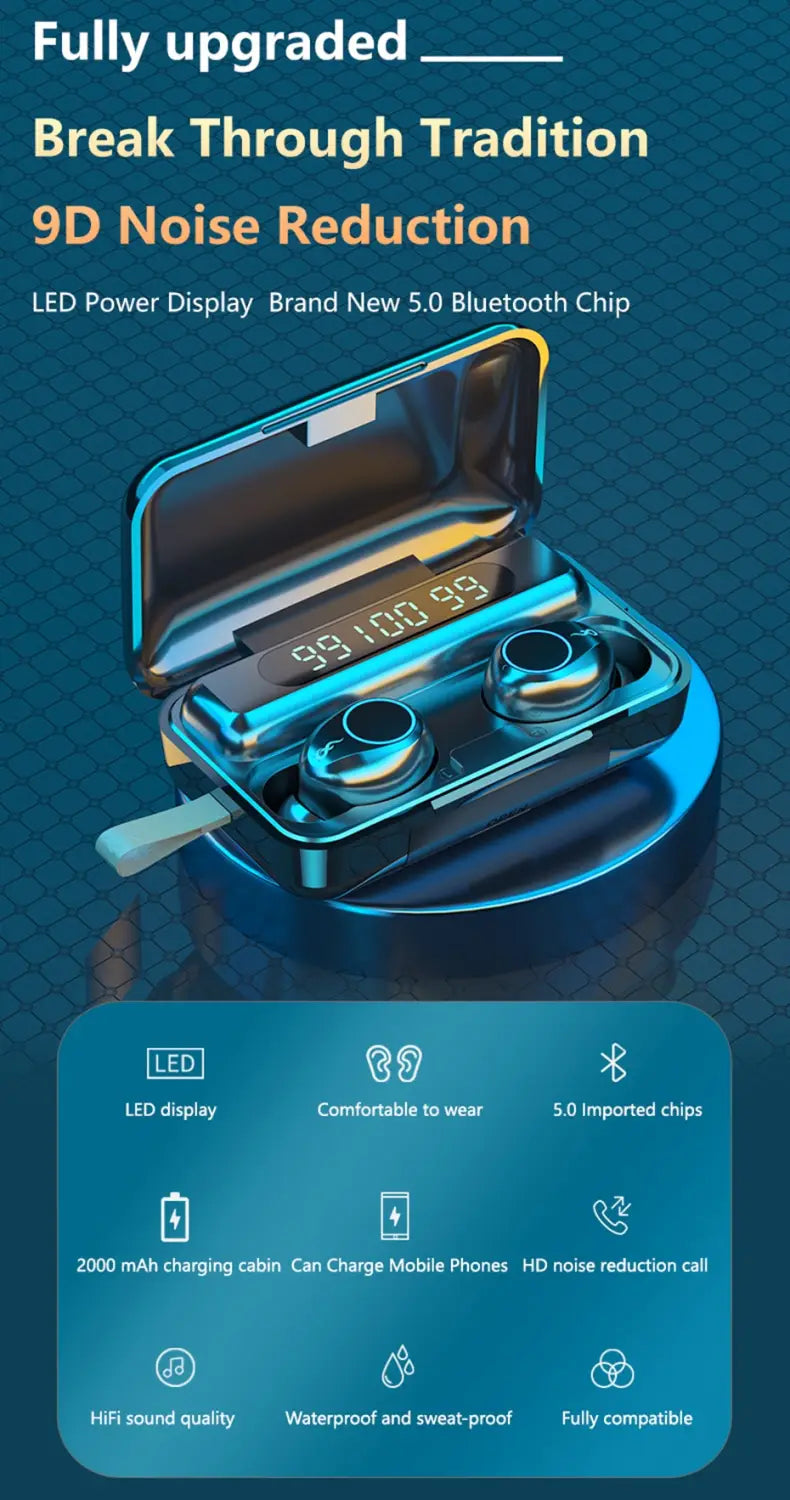 TWS Wireless Bluetooth 5.0 Earphone 9D HiFi Stereo Sport Waterproof Headphones Touch Mini Earbuds Headset with 2000mAh