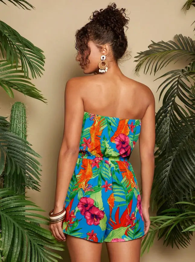 Women’s Vacation Strapless Colorful Flower Pattern Printed Romper