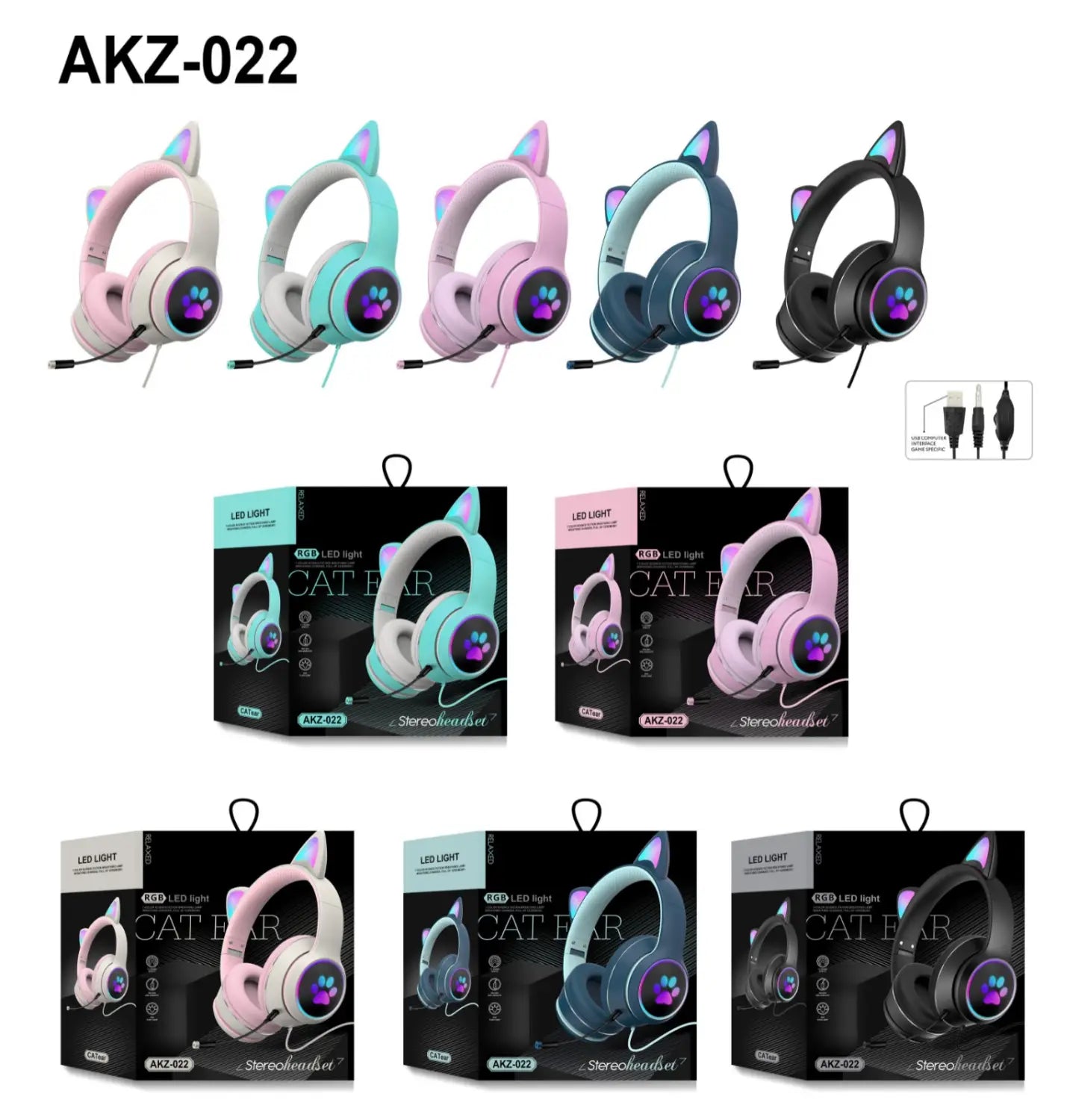 AKZ-022 RGB Luminous Cat Ear Headset Wired Gaming Computer Learning