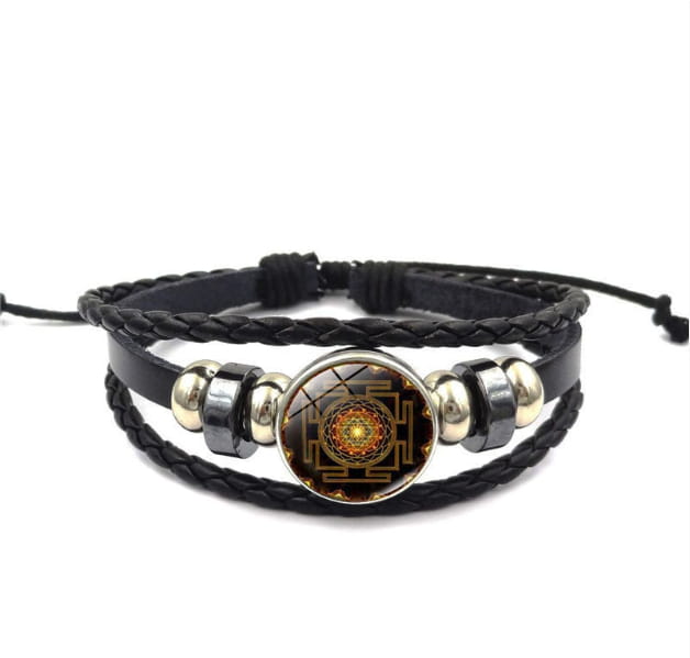 Sacred Geometry Sri Yantra Glass Buckle Charm Bracelets & Bangles Multilayer Leather for Women Men Jewelry