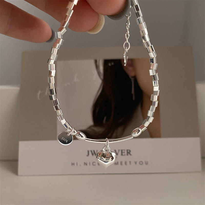 S925 Sterling Silver Square Charm Bracelet With Round Discs And Heart Pendants