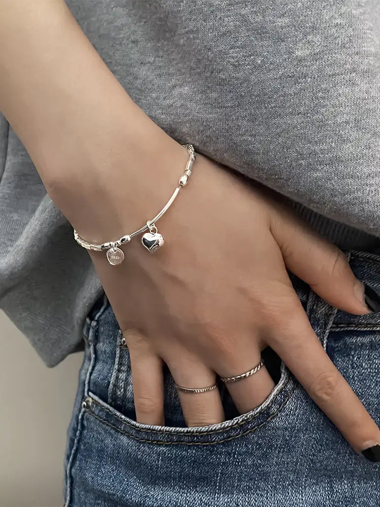 S925 Sterling Silver Square Charm Bracelet With Round Discs And Heart Pendants