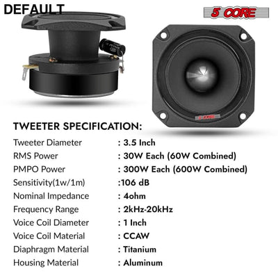 5 Core Tweeters Speakers Car Audio Pair 600W Combined Peak 4 Ohm 3.5 Inch Aluminum Super Bullet Tuiters Para Sonido