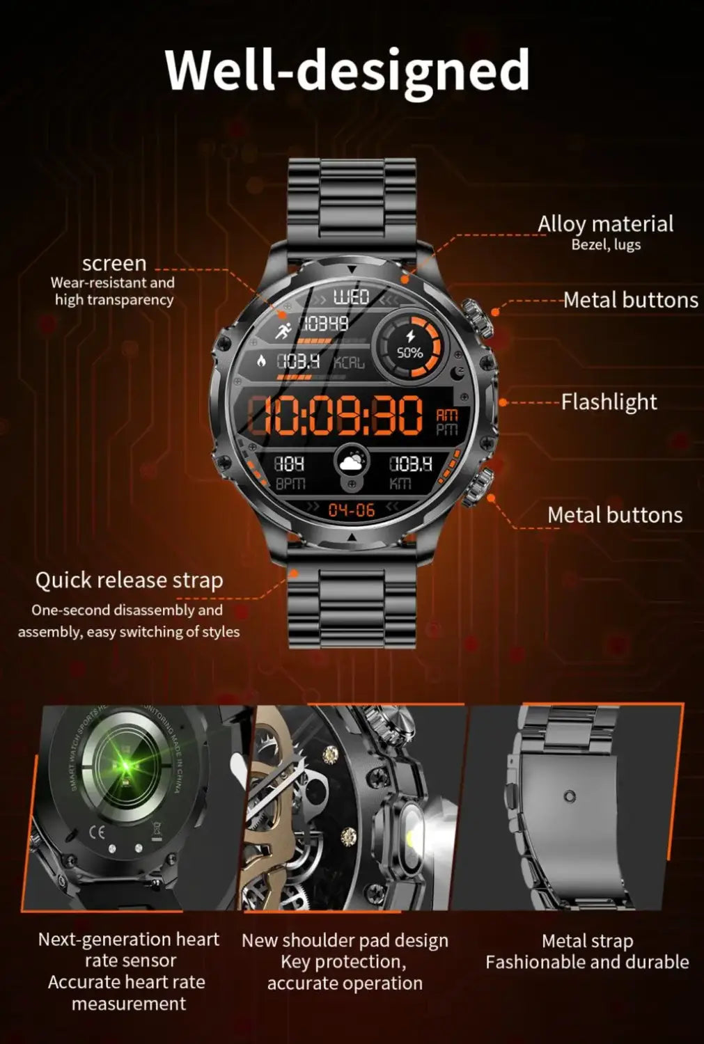 AK75 Smart Watch Flashlight Men Outdoors Sports Fitness Tracker 700mah Large Battery BT Calling LED Light Smartwatch