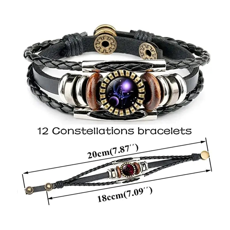 Zodiac Sign Bracelets For Women Men 12 Constellation Beaded Hand Woven PU Leather