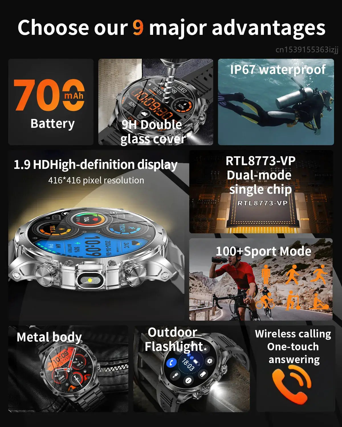 AK75 Smart Watch Flashlight Men Outdoors Sports Fitness Tracker 700mah Large Battery BT Calling LED Light Smartwatch