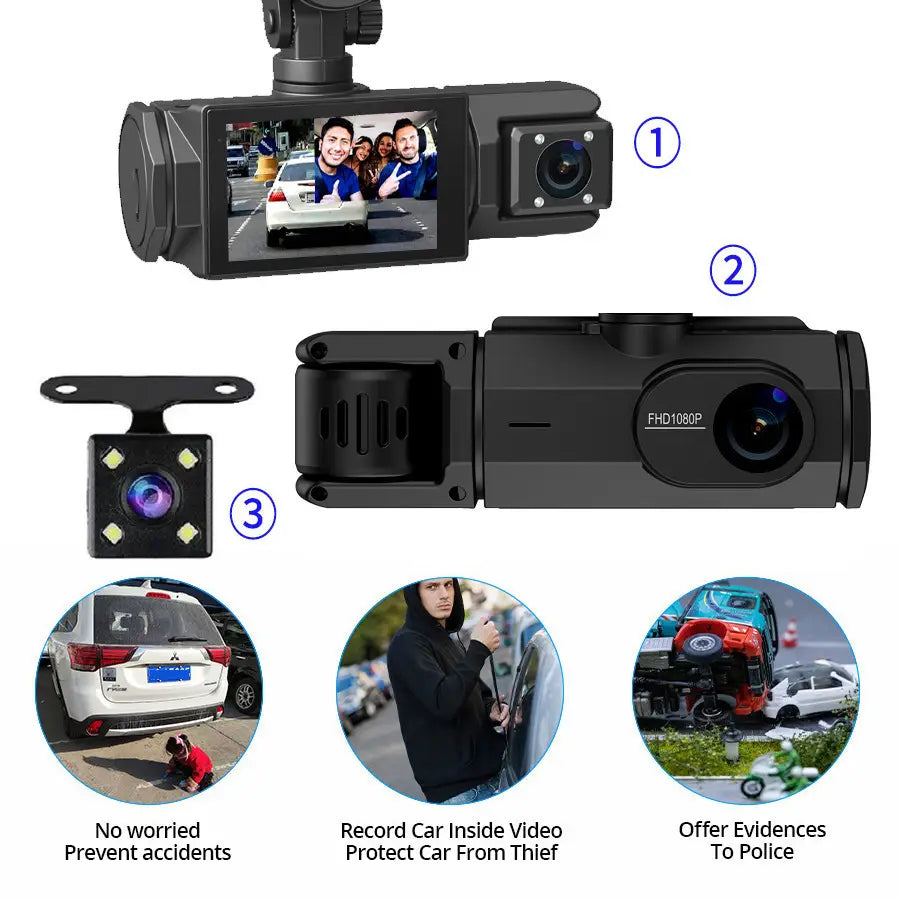 HD 1080p Driving Recorder Three-lens Same Display
