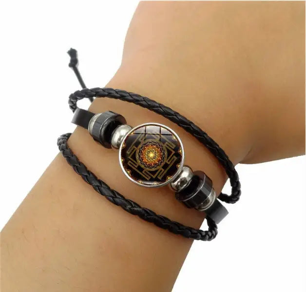 Sacred Geometry Sri Yantra Glass Buckle Charm Bracelets & Bangles Multilayer Leather for Women Men Jewelry