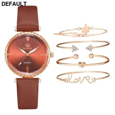 5pc Top Fashion Leather Watch - Black Coffee No Box Women Watches