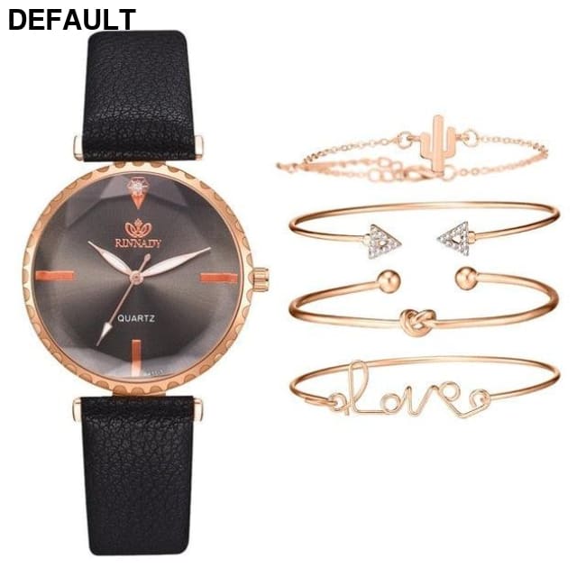 5pc Top Fashion Leather Watch - Black No Box Women Watches