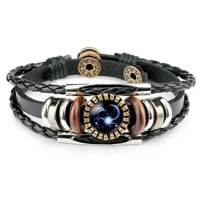 Zodiac Sign Bracelets For Women Men 12 Constellation Beaded Hand Woven PU Leather