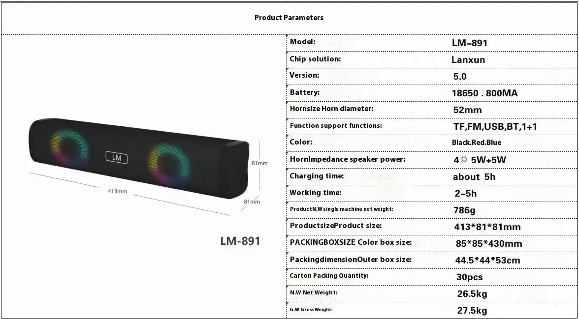 Wireless Bluetooth Private Speaker Long Sound Heater USB Card TWS Couplet Color Light