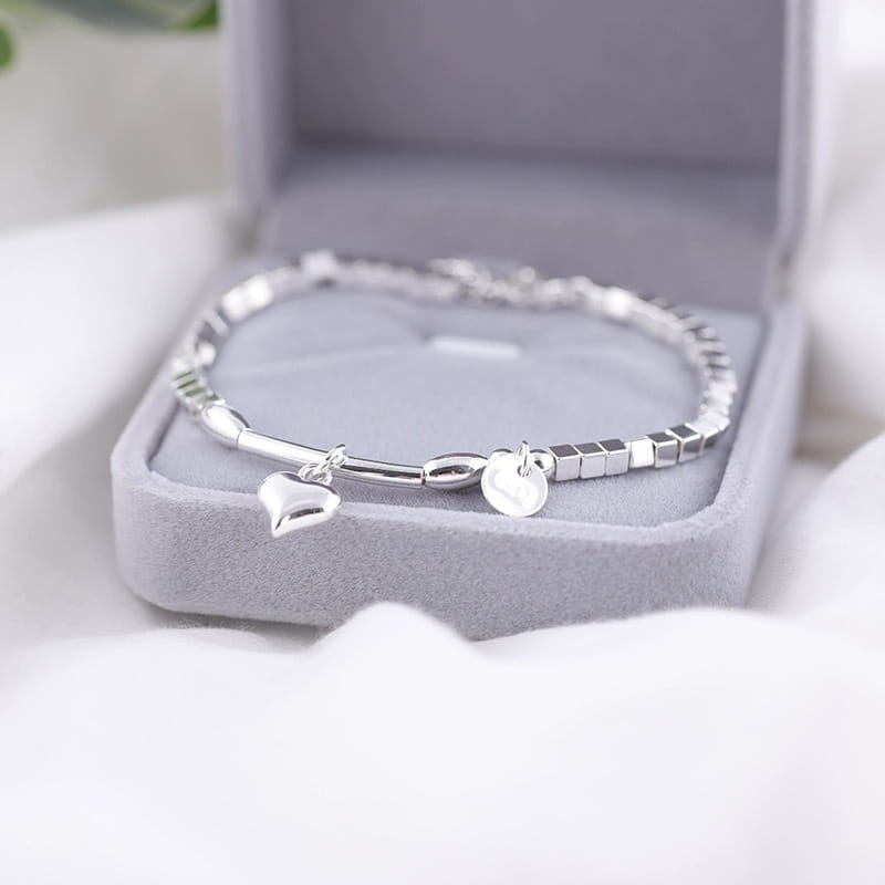 S925 Sterling Silver Square Charm Bracelet With Round Discs And Heart Pendants