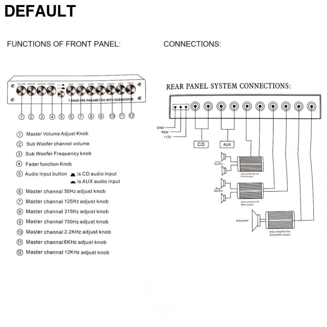 7 band Car Audio Amplifiers Equalizer EQ Frequency Adjustable RCA Input for Portable Devices + Subwoofer Output