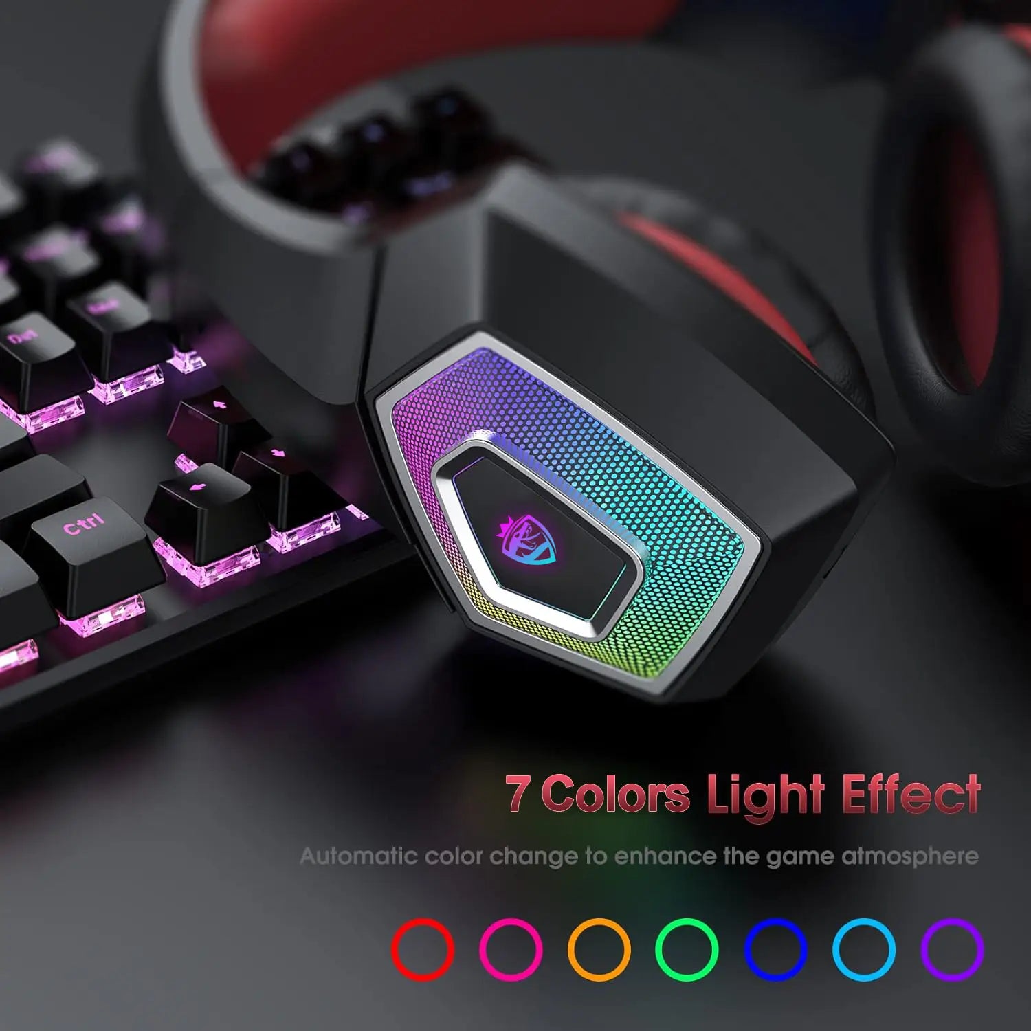 Head mounted gaming headphones colorful RGB wired computer game controller