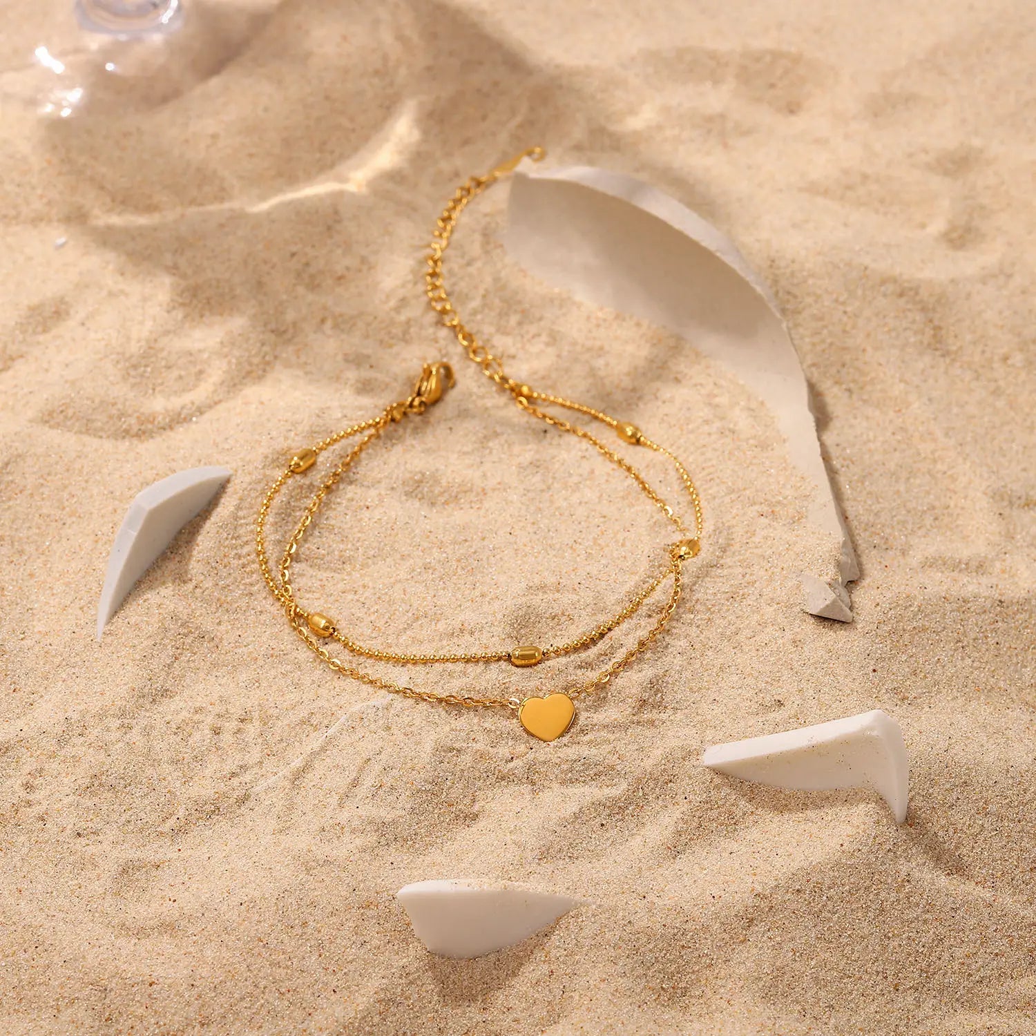 European and American INS style heart-shaped pendant oval bead chain double-layer stainless steel ankle