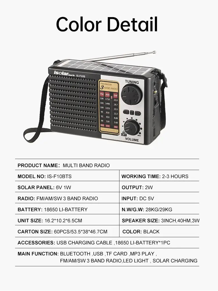 Full Band Bluetooth Card MP3 Player Solar Emergency Charging