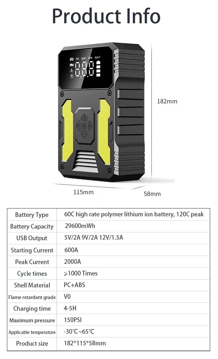 Car Jump Starter With Air Compressor Portable 12V Power Bank Battery Pack Lithium Booster