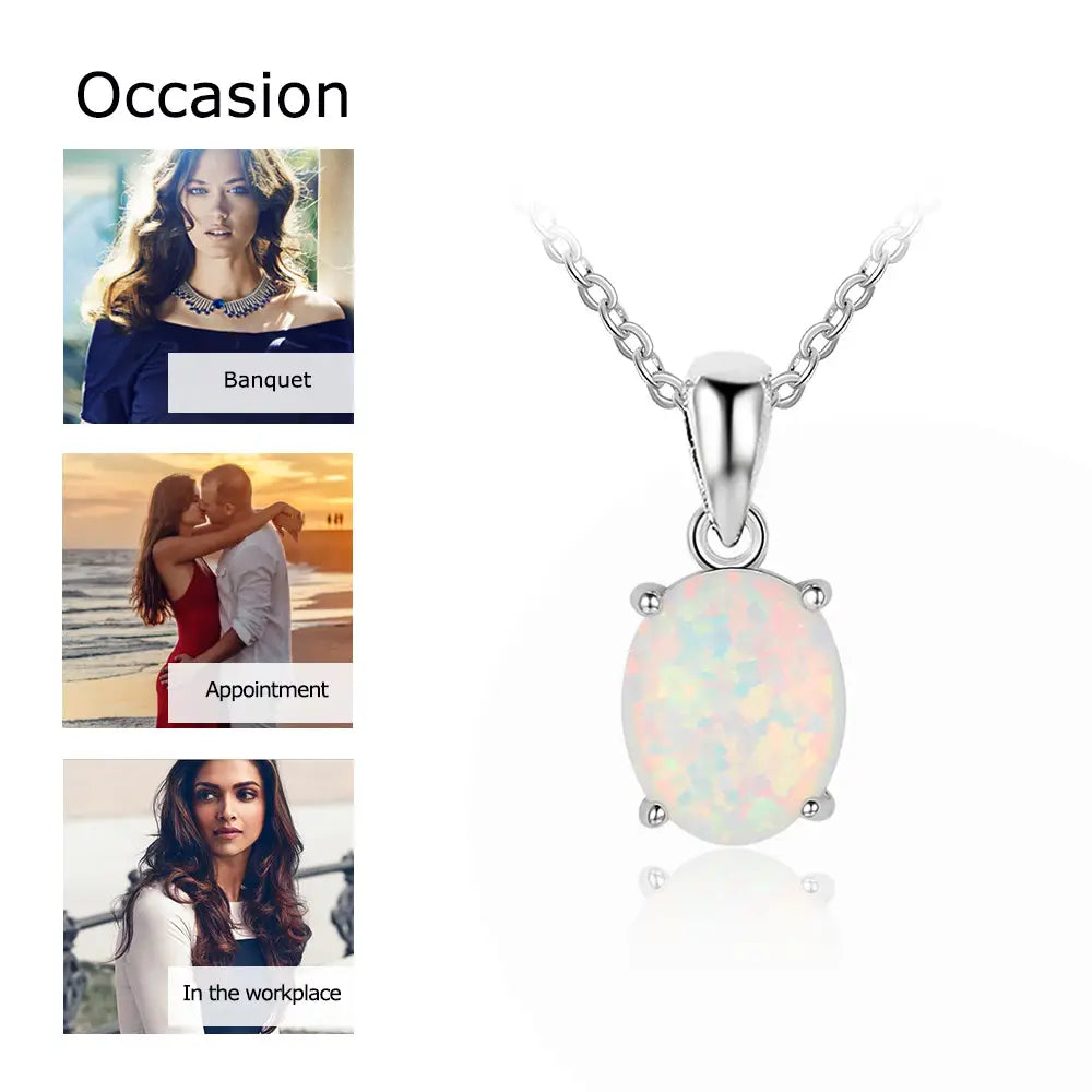 Women S925 Sterling Silver Pendant Necklaces Created Oval Opal Necklace Birthday Gifts for Wife