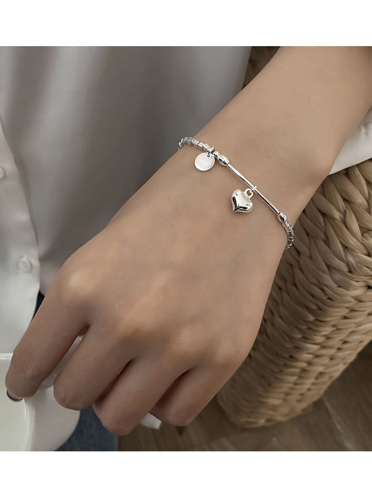 S925 Sterling Silver Square Charm Bracelet With Round Discs And Heart Pendants