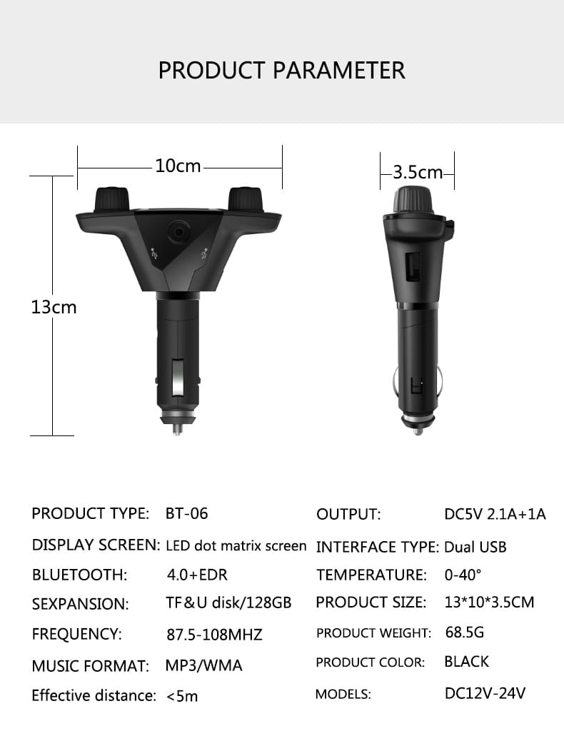 BT06 Car MP3 Bluetooth Player Charger Multi-Language