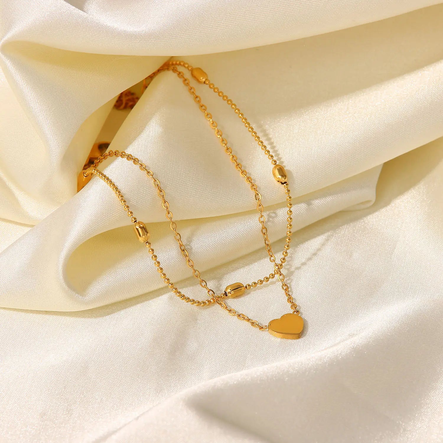 European and American INS style heart-shaped pendant oval bead chain double-layer stainless steel ankle