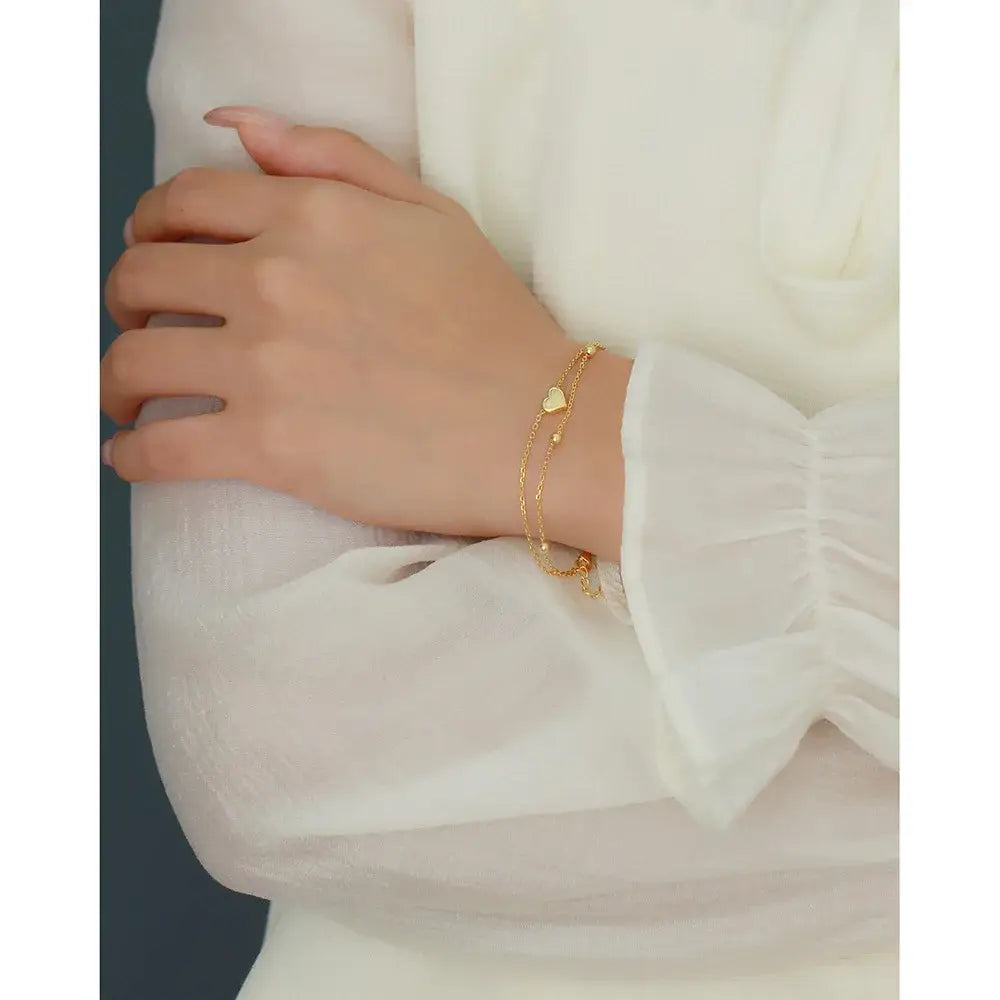925 Sterling Silver Double Layer Heart-shaped Bracelet for Women Girl Korean Style Small Fresh Summer