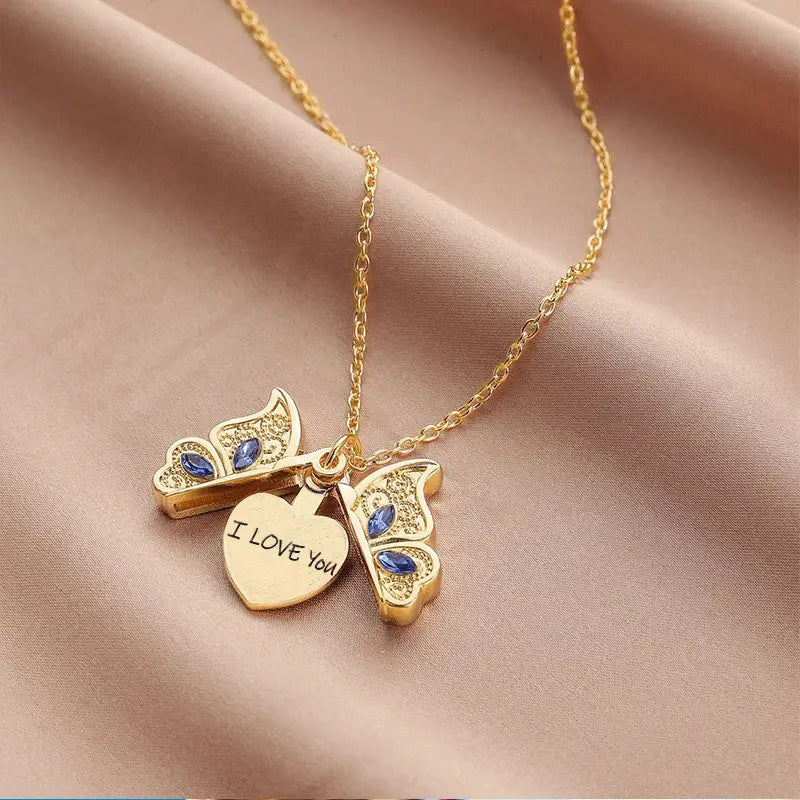 New diamond butterfly heart necklace for women openable