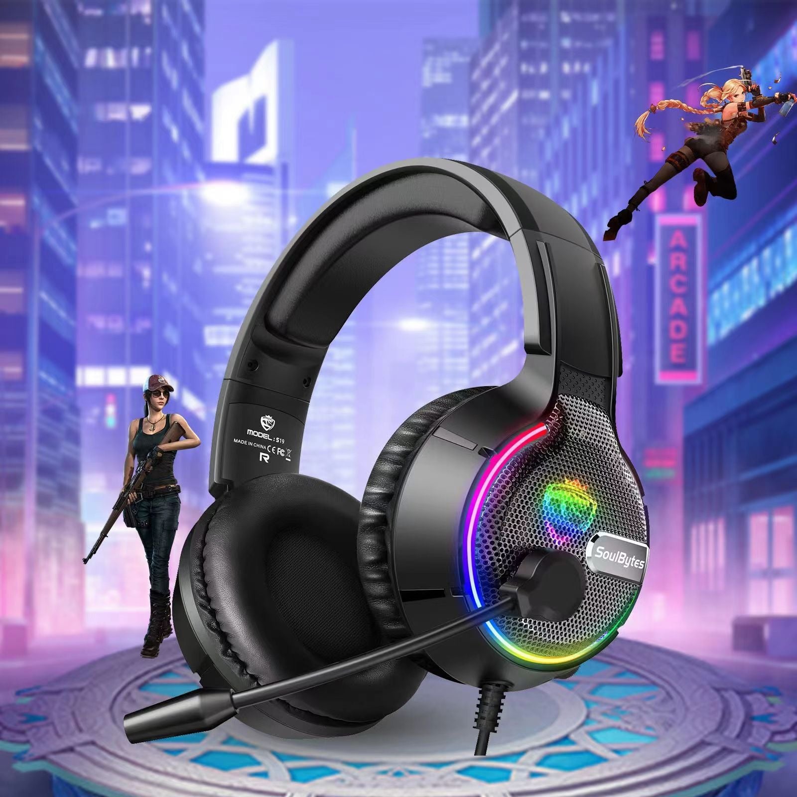 Head mounted gaming headset Soulbytes S19 wired RGB computer anchor black Wired Headphones Best Selling Products Gaming
