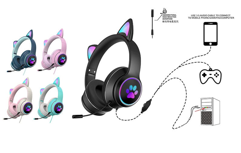 AKZ-022 RGB Luminous Cat Ear Headset Wired Gaming Computer Learning