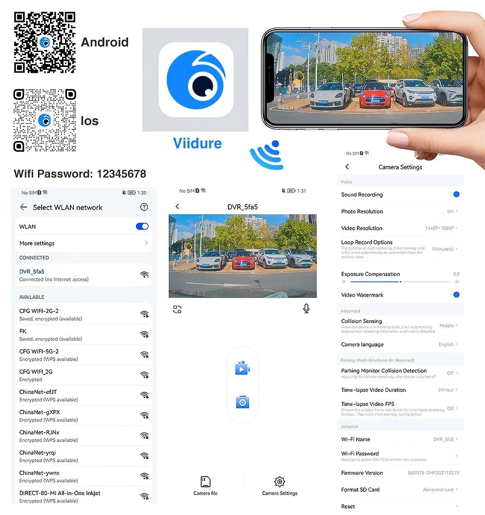 3-channel car DVR dash cam showing live 4K parking lot feed on smartphone