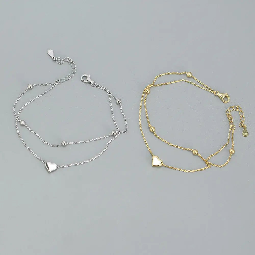 925 Sterling Silver Double Layer Heart-shaped Bracelet for Women Girl Korean Style Small Fresh Summer