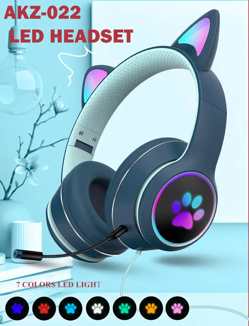 AKZ-022 RGB Luminous Cat Ear Headset Wired Gaming Computer Learning