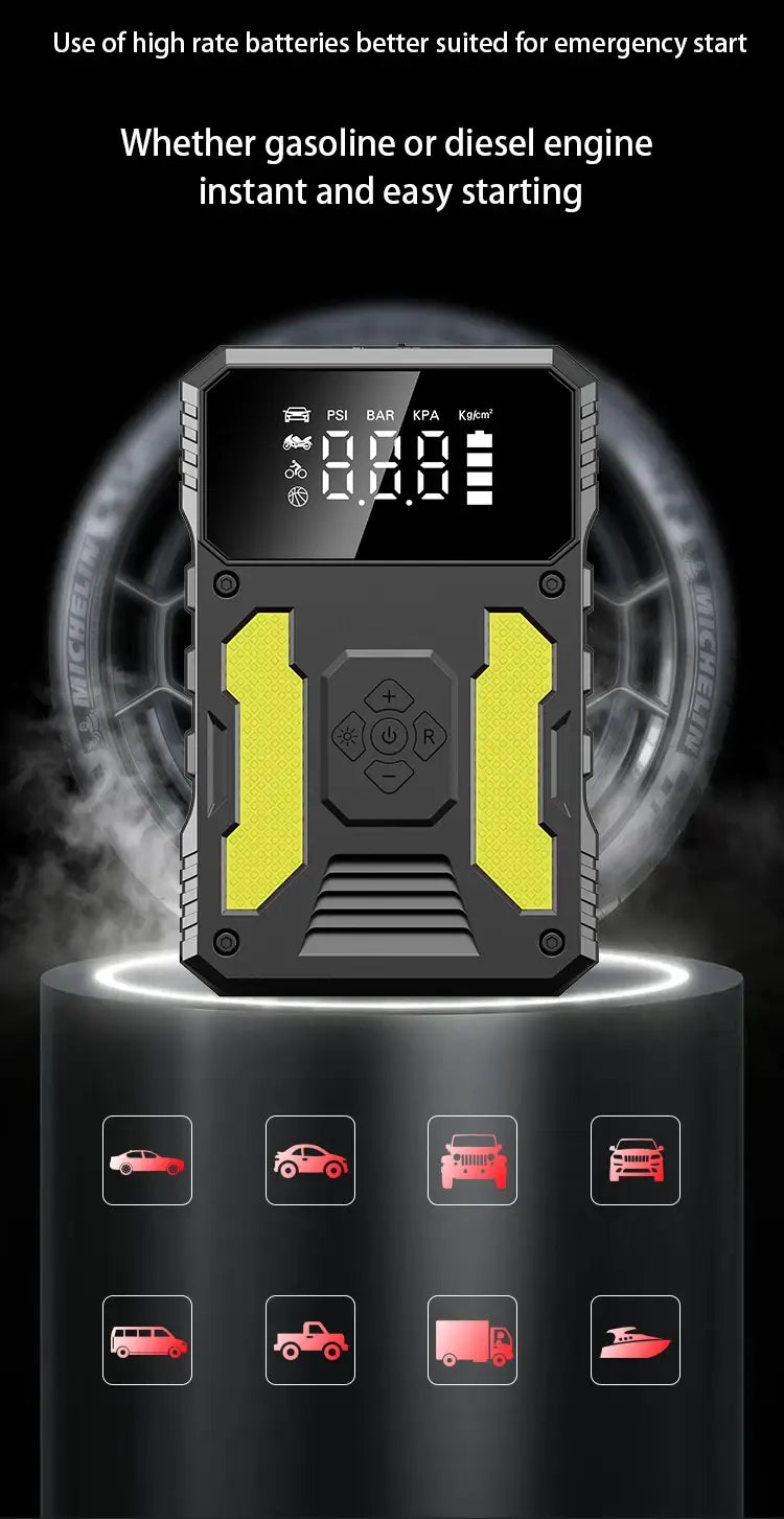 Car Jump Starter With Air Compressor Portable 12V Power Bank Battery Pack Lithium Booster