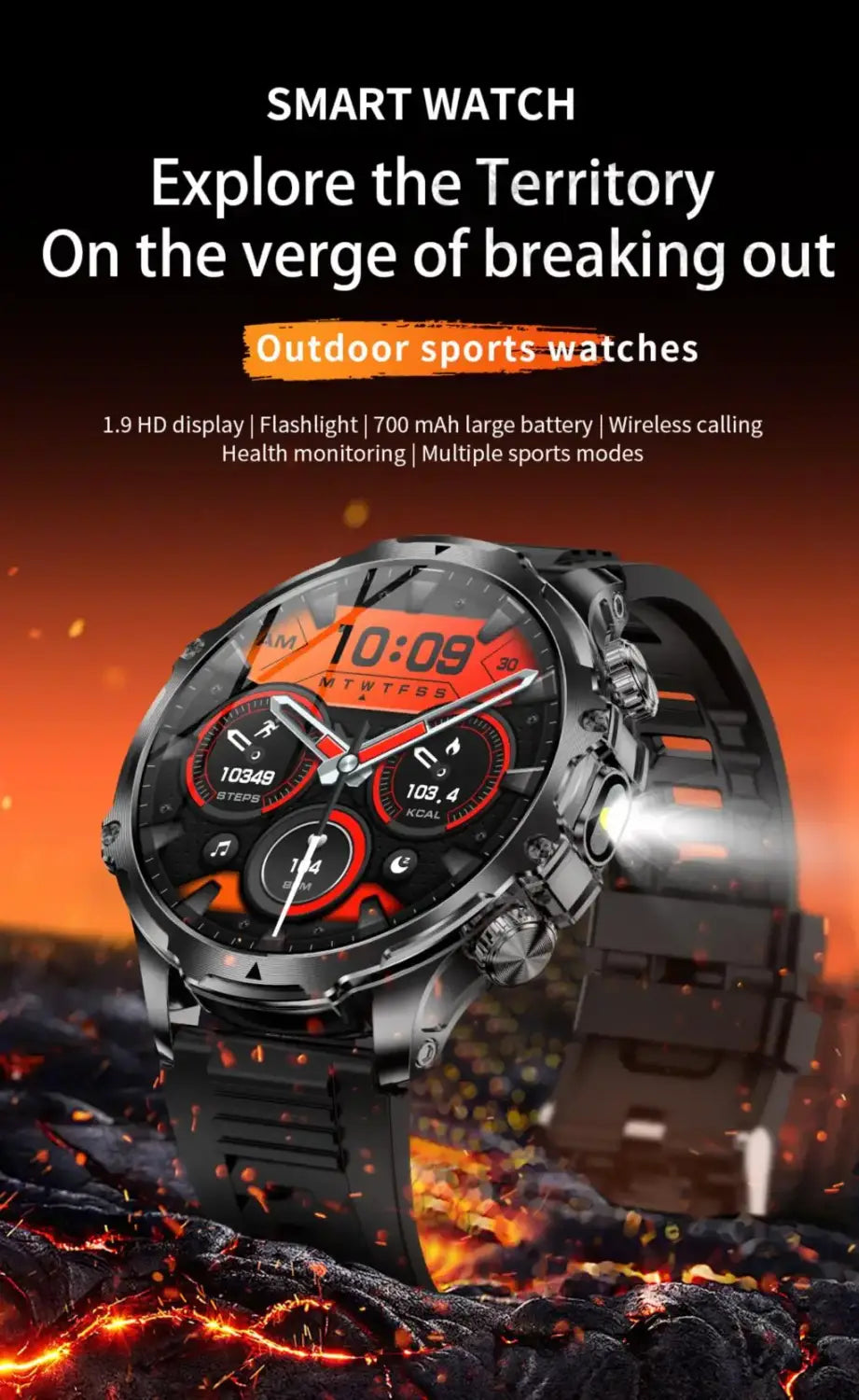 AK75 Smart Watch Flashlight Men Outdoors Sports Fitness Tracker 700mah Large Battery BT Calling LED Light Smartwatch