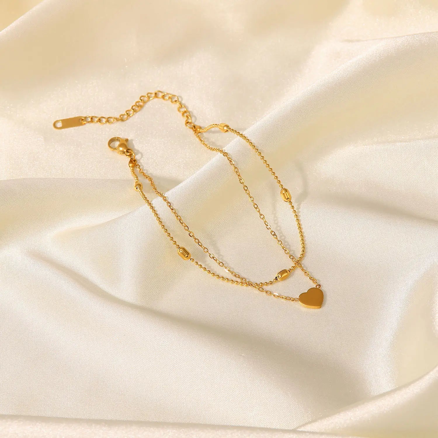 European and American INS style heart-shaped pendant oval bead chain double-layer stainless steel ankle