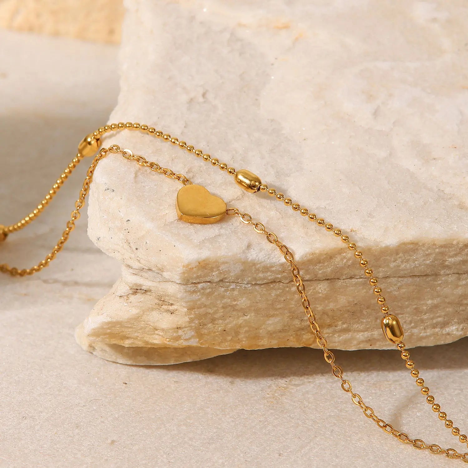 European and American INS style heart-shaped pendant oval bead chain double-layer stainless steel ankle