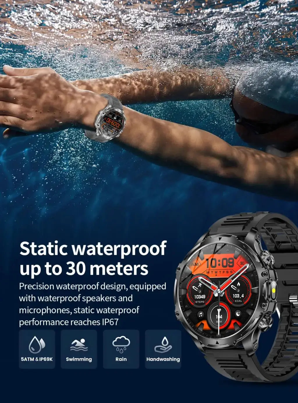 AK75 Smart Watch Flashlight Men Outdoors Sports Fitness Tracker 700mah Large Battery BT Calling LED Light Smartwatch