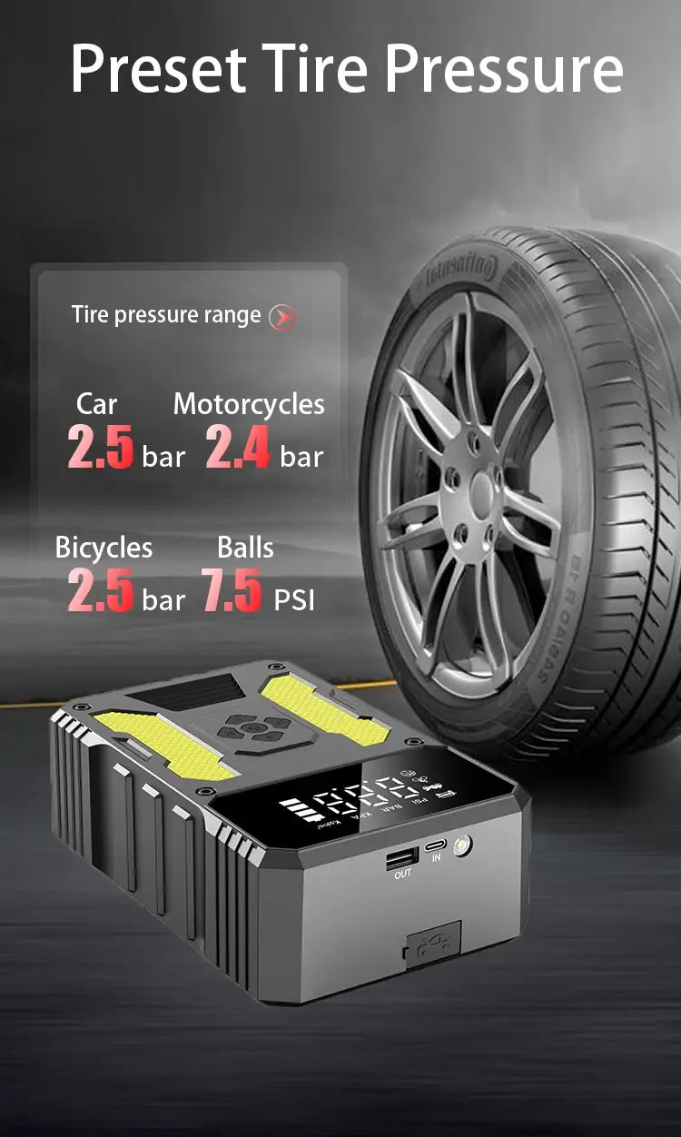 Car Jump Starter With Air Compressor Portable 12V Power Bank Battery Pack Lithium Booster