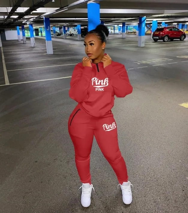 Fall Winter Tracksuits Two Piece Set Women Pink Letter Print Sport Casual Outfits Zip Sweatshirt Top + Pants Sweat Suits