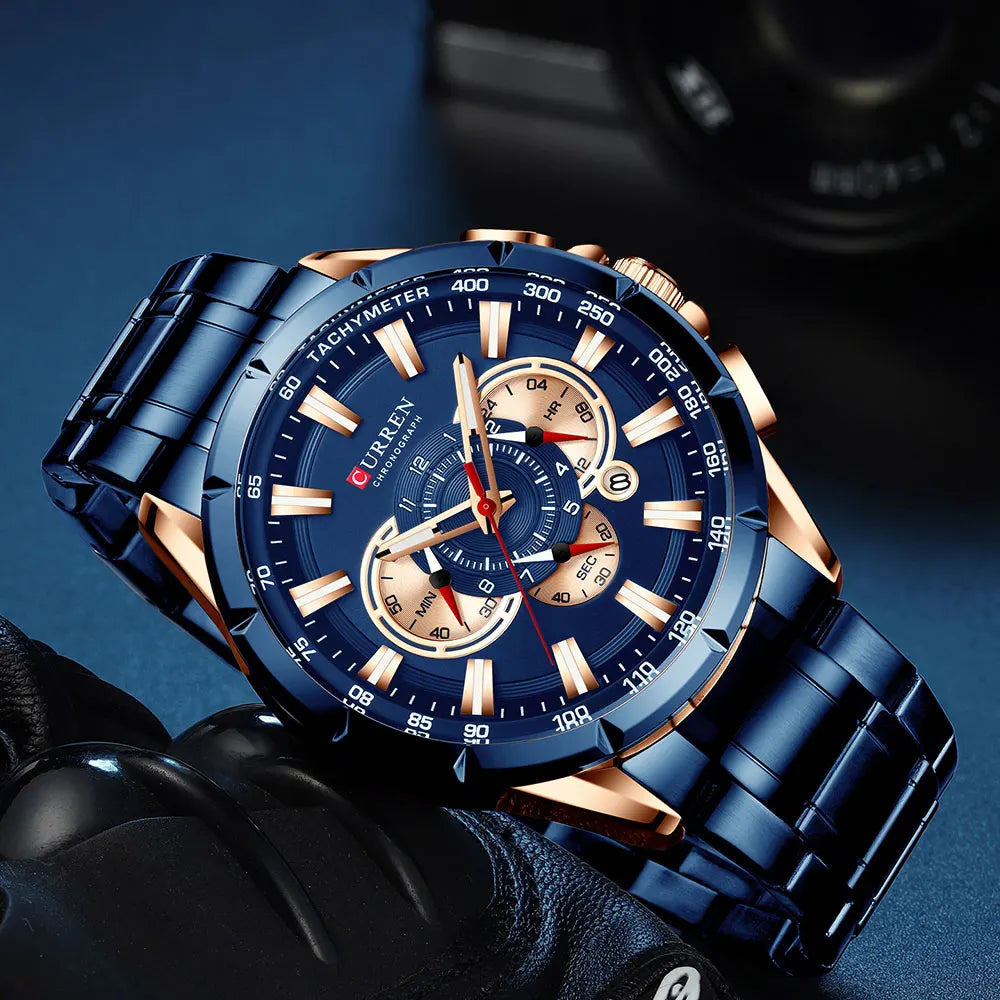Curren blue and rose gold chronograph watch with stainless steel band