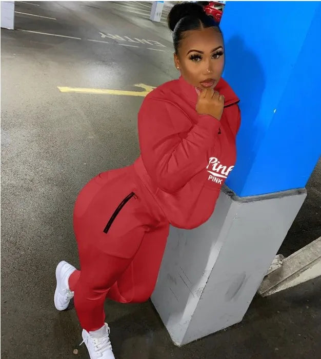 Fall Winter Tracksuits Two Piece Set Women Pink Letter Print Sport Casual Outfits Zip Sweatshirt Top + Pants Sweat Suits